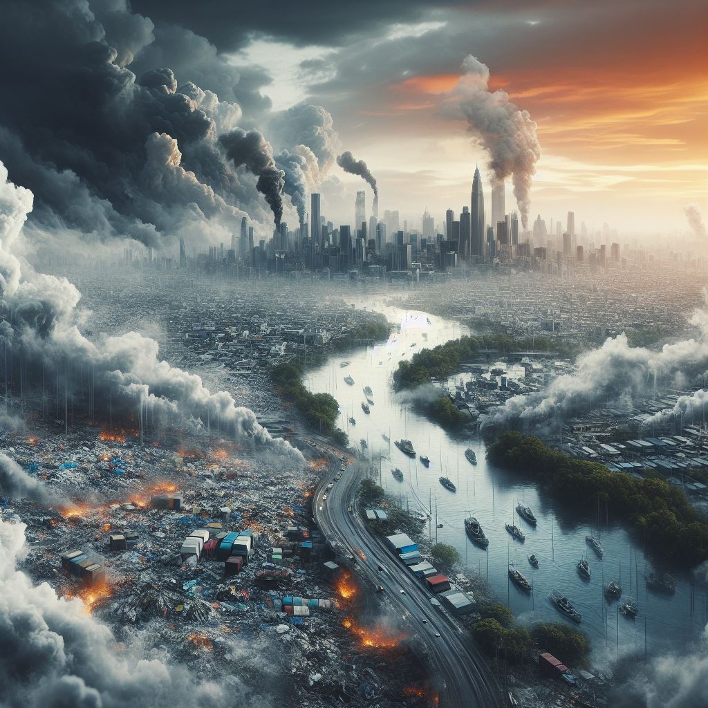 An image of pollution and remains of a city